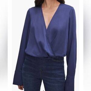 Good American Long Sleeve Washed Satin Wrap Front Blouse Blue XL NEW MSRP $149